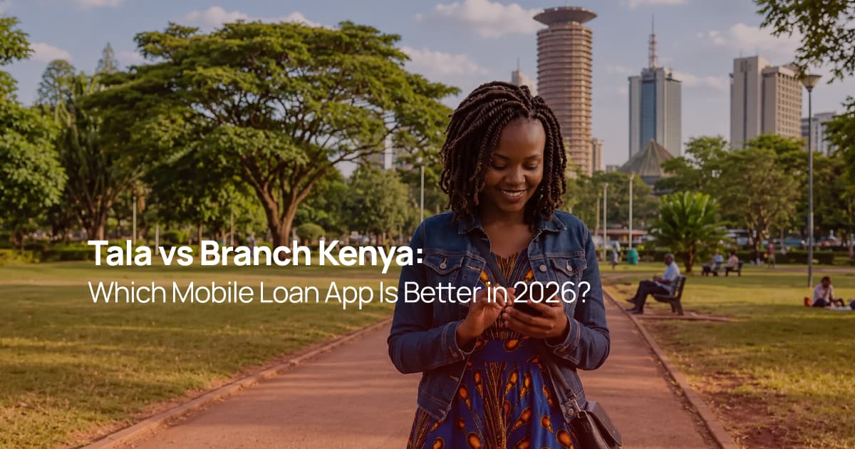Young Kenyan woman comparing the Tala and Branch mobile loan apps on her smartphone in Nairobi.