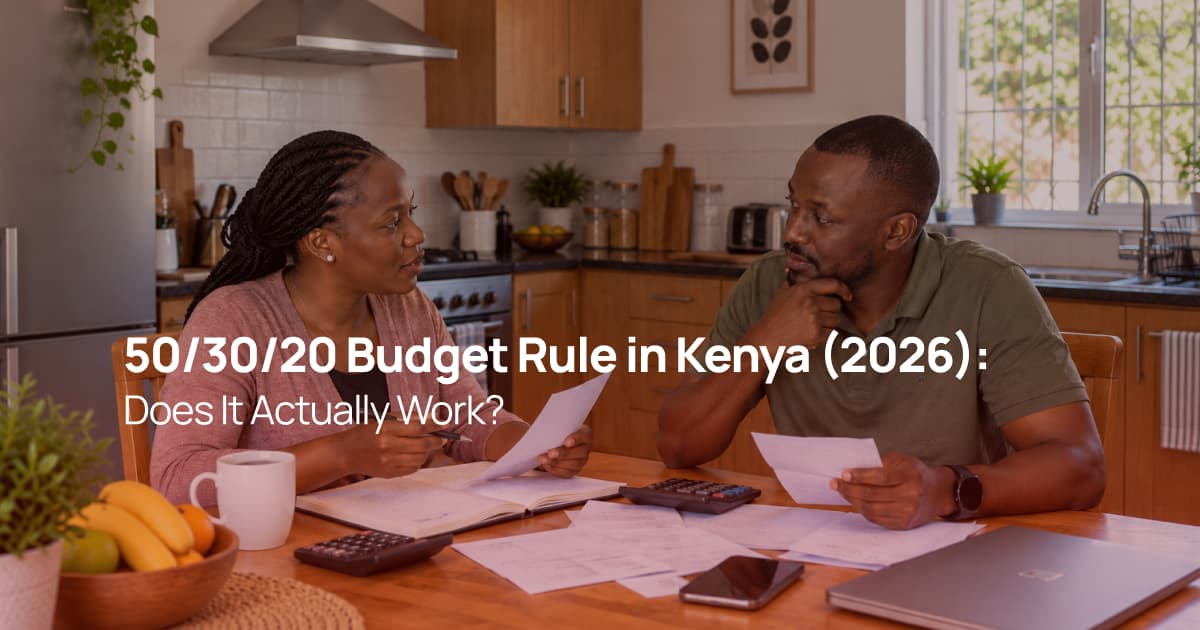 Kenyan couple reviewing their monthly budget with papers and calculators in their kitchen.