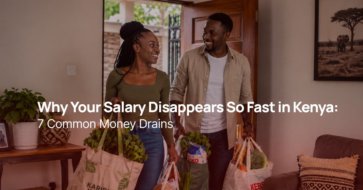 A Kenyan couple carrying groceries into their home after shopping, illustrating the everyday household expenses that can quickly reduce a monthly salary.