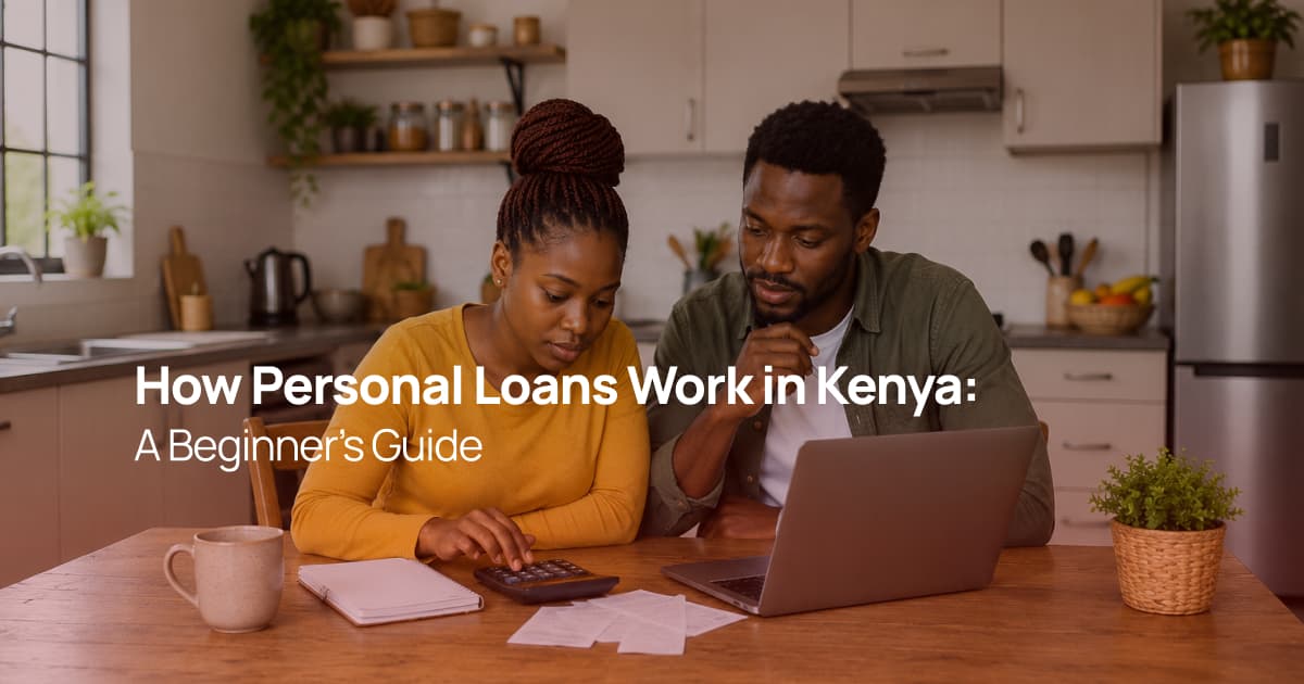 A Kenyan couple reviewing personal loan information on a laptop and calculator at their kitchen table before applying for a loan.