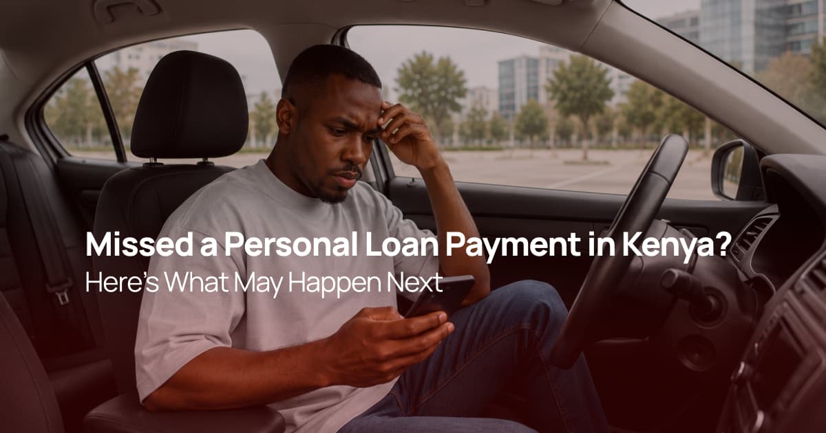 A Kenyan man sitting in his car looking concerned while checking his smartphone after missing a personal loan payment.