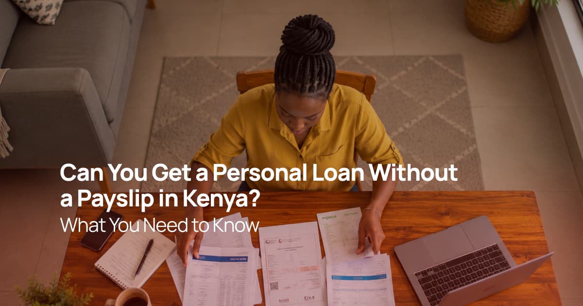 A Kenyan woman organising financial documents and bank statements at home before applying for a personal loan without a payslip.