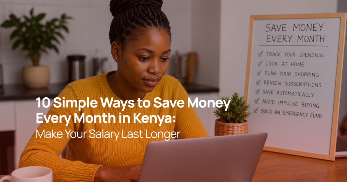 A Kenyan woman planning her monthly budget on a laptop with a checklist of money-saving tips to help reduce everyday expenses.