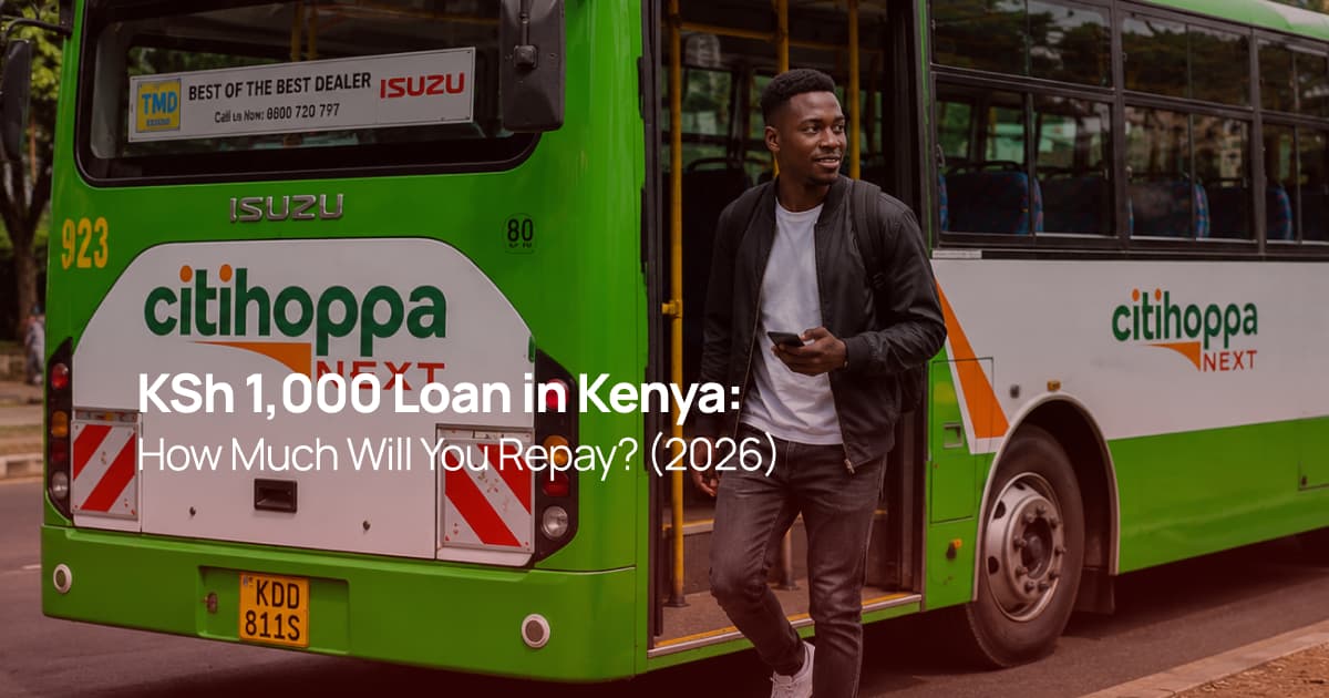 Young Kenyan man getting off a city bus while checking his phone before comparing KSh 1,000 loan options.