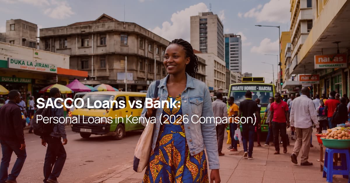Young Kenyan woman walking through Nairobi while comparing SACCO loans and bank personal loans in Kenya.