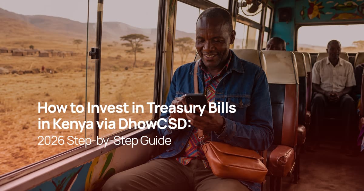 Kenyan man using his smartphone on a bus while learning how to invest in Treasury Bills through the CBK DhowCSD platform.