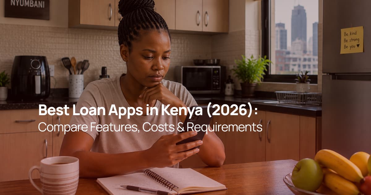 Young Kenyan woman comparing mobile loan apps on her smartphone at home before applying for a personal loan.